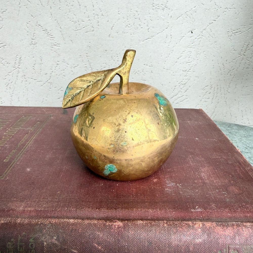 Vintage Brass Apple Bell Decorative Fruit Paperweight with Verdigris Patina